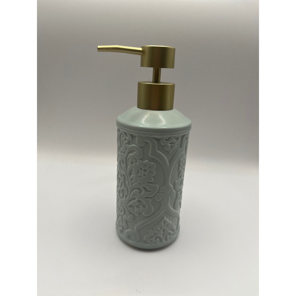 Mentari Seafoam Green Ceramic Lotion Dispenser Embossed Damask Gold Pump NEW